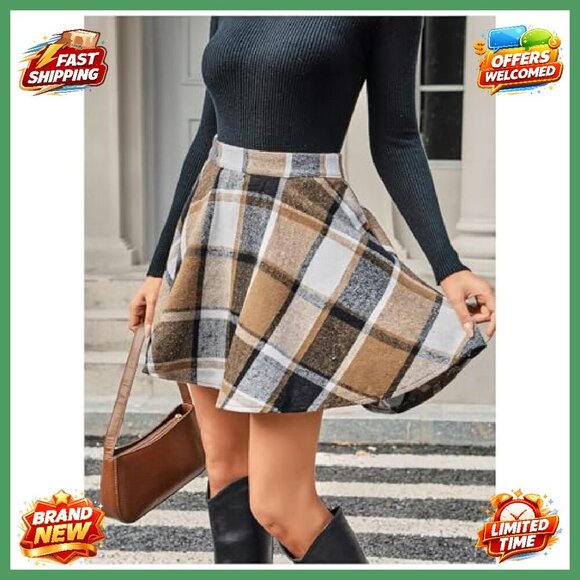 Polyester Plaid Flared Skater Skirt High Waisted Work Office Wear - Picture 5 of 7